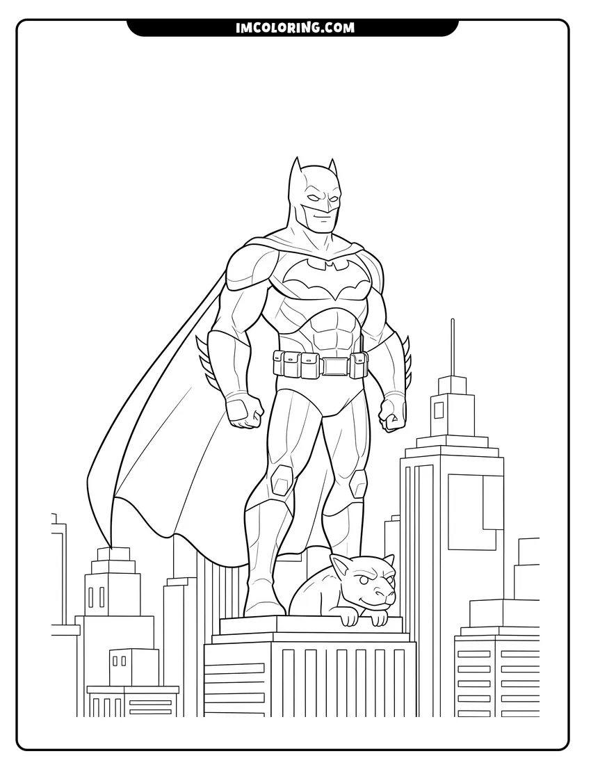 Scene showing Batman standing on a stone gargoyle atop a skyscraper to color