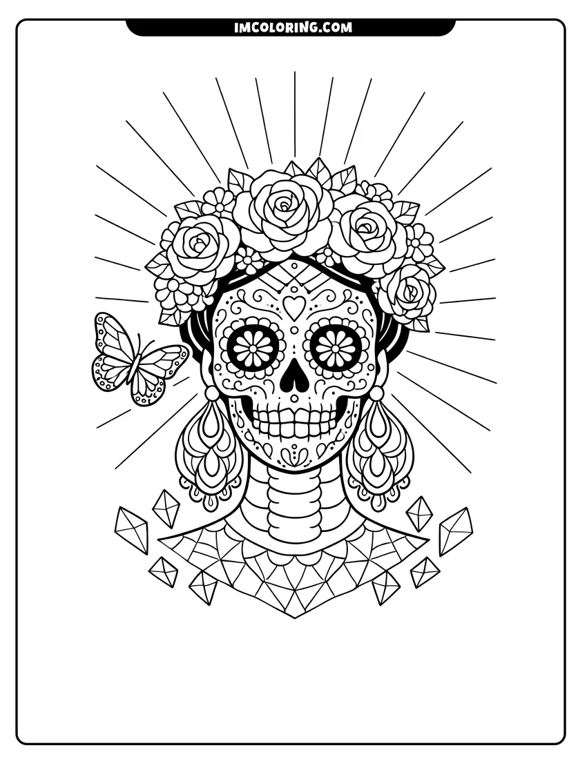 Abstract sugar skull with flower crown and sunbeams coloring page for preschoolers