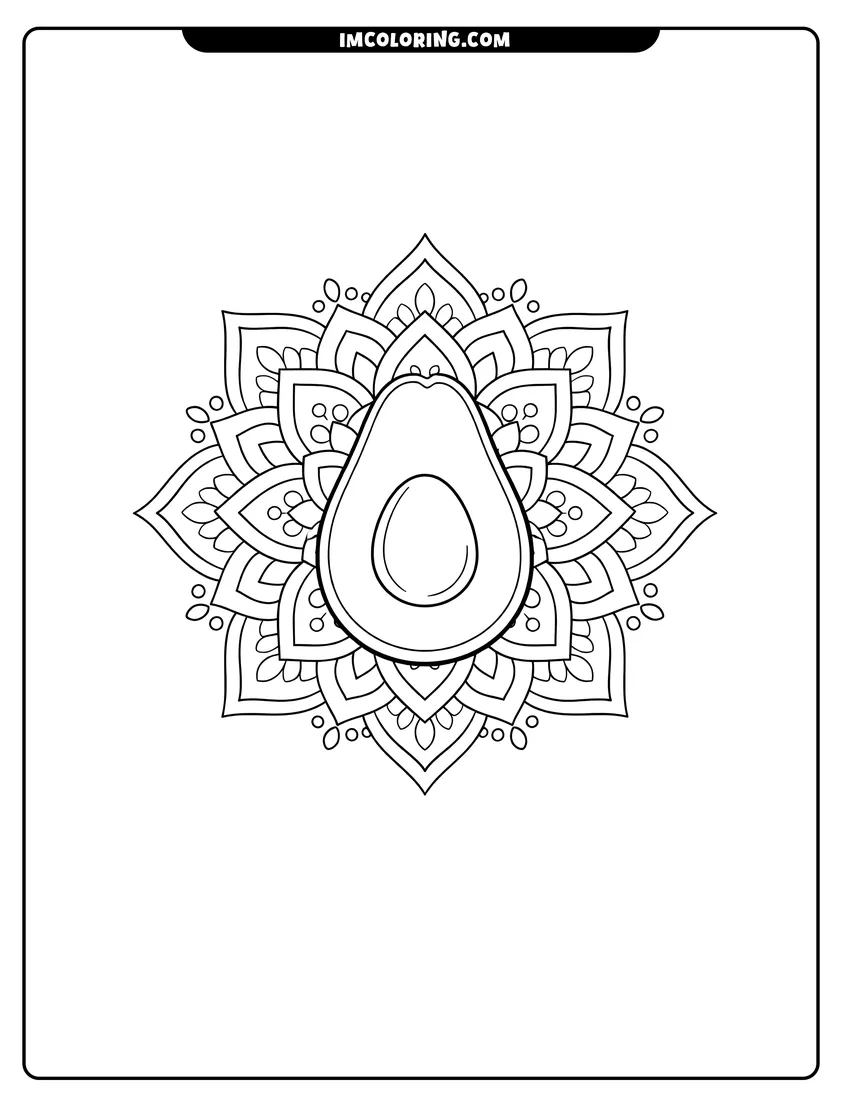 Detailed Intricate mandala design with an avocado in the center design for coloring