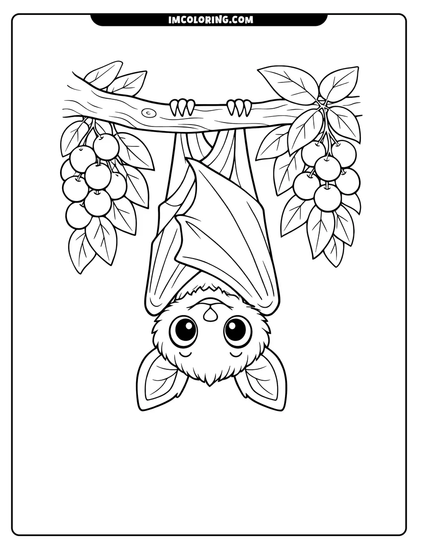 Cute Realistic fruit bat hanging from a leafy tree branch outline for coloring