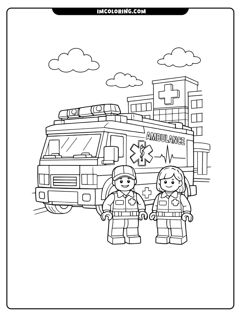 Line art depicting Lego style ambulance parked in front of a hospital