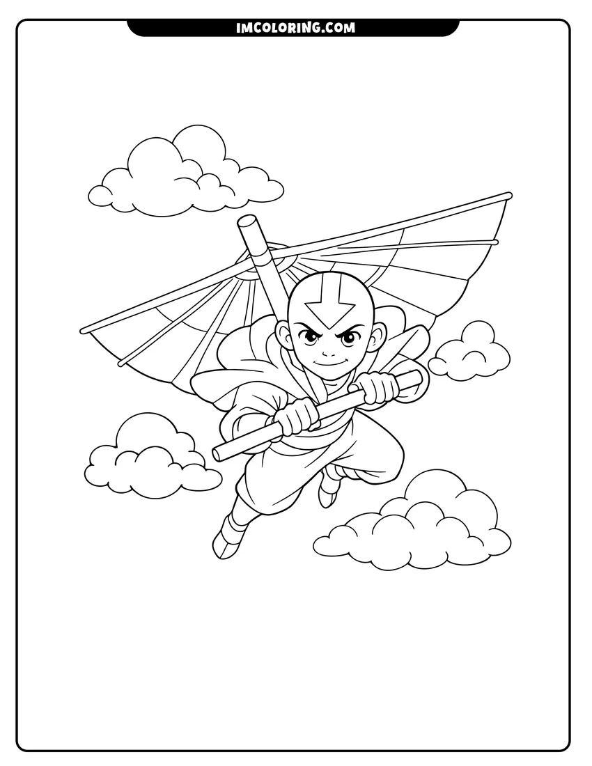 Coloring sheet of Aang soaring with a determined expression for kids
