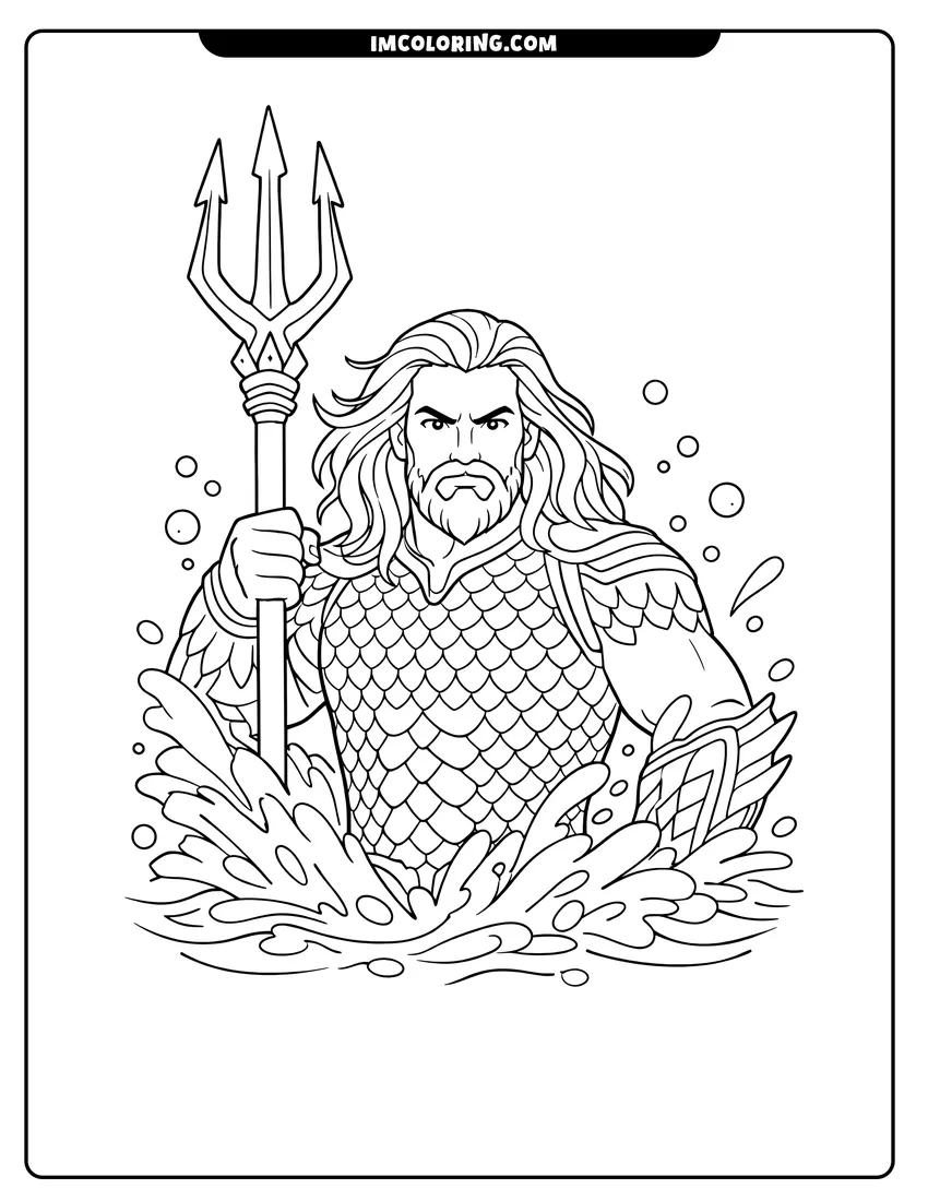 Determined Aquaman with his trident in splashing water drawing meant for coloring