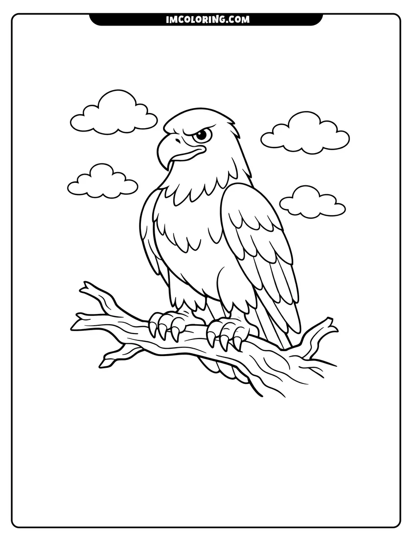 Bald eagle gripping a branch with puffy clouds drawing meant for coloring