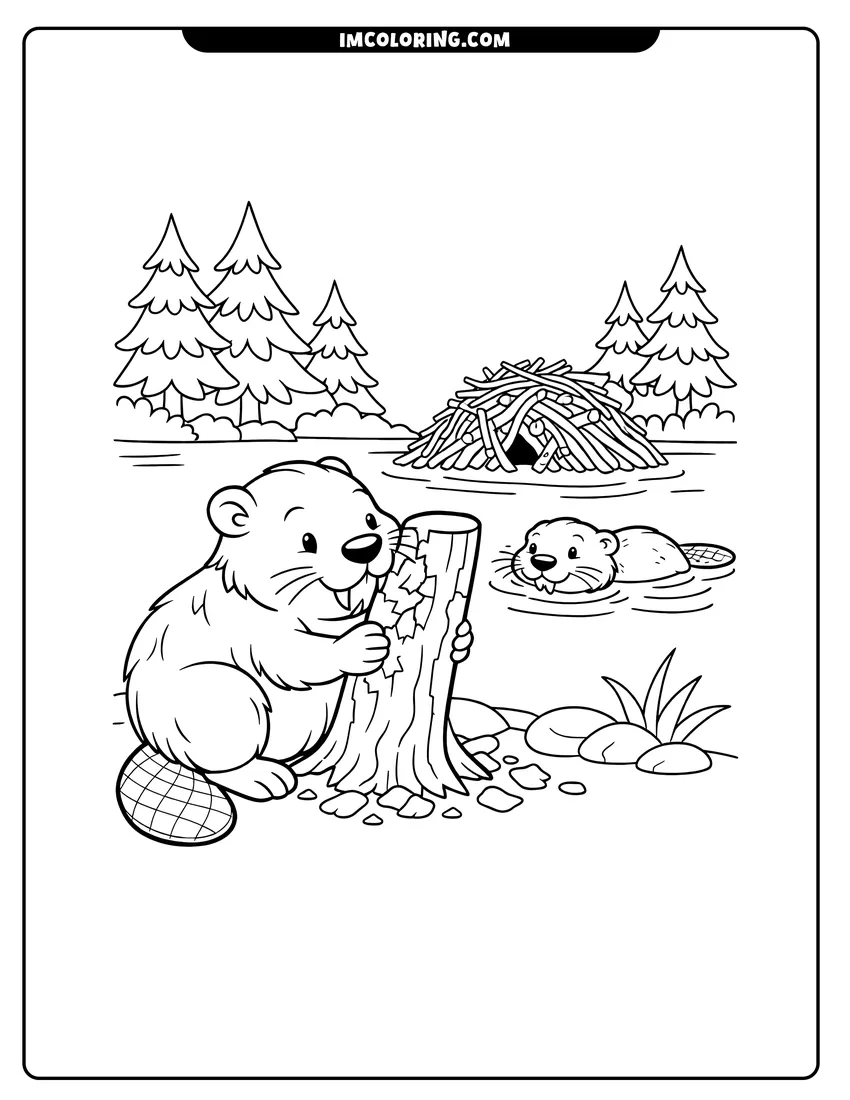 Coloring sheet of Beaver gnawing on a tree trunk near a lodge for kids