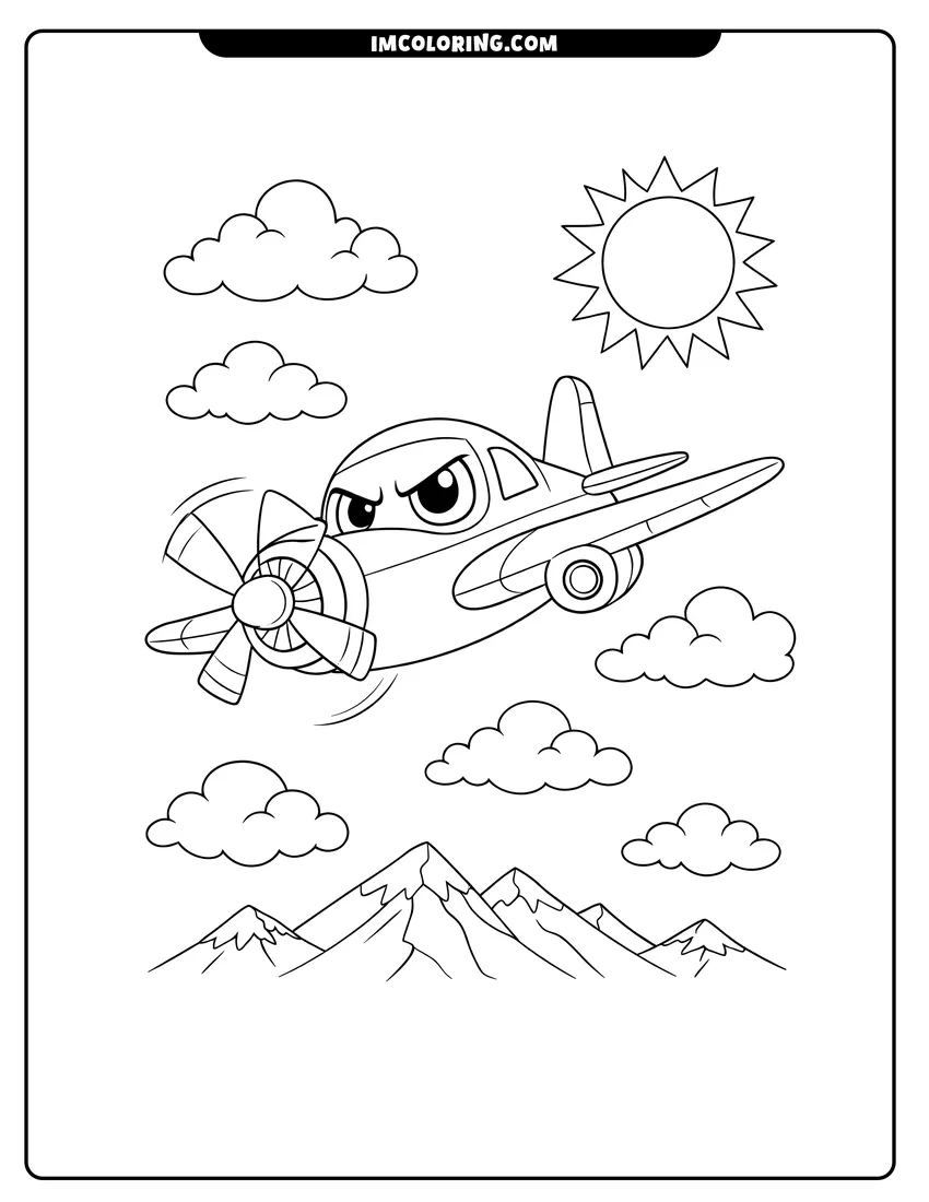 Simple line drawing of Determined cartoon propeller airplane flying over mountains