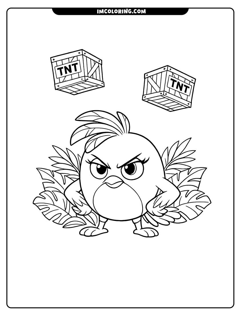 Detailed Stella standing among tropical leaves with floating TNT design for coloring