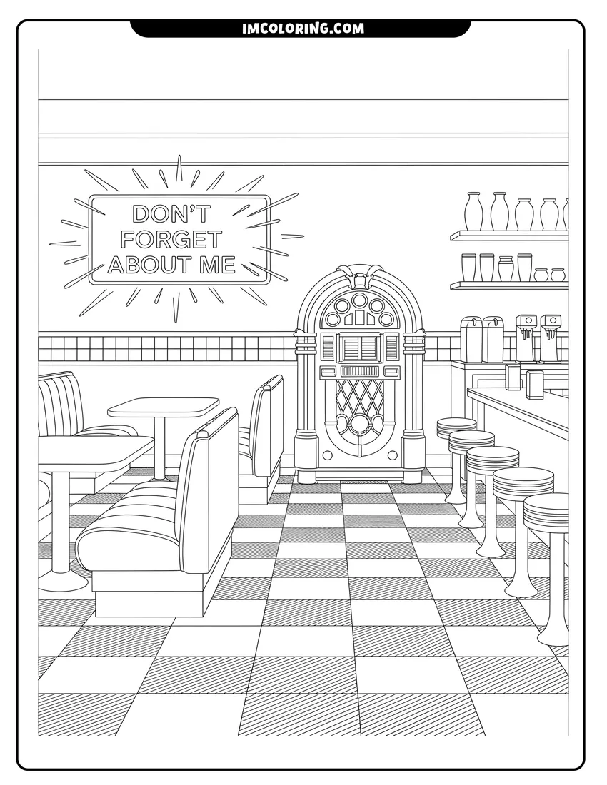 Printable line art of Retro diner interior with booths, jukebox, and checkered floor