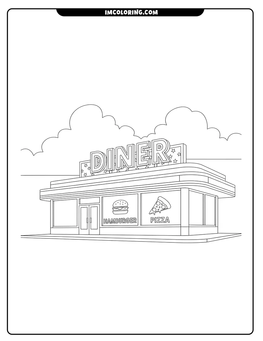 Free to print drawing of A retro diner building with signs and fluffy clouds