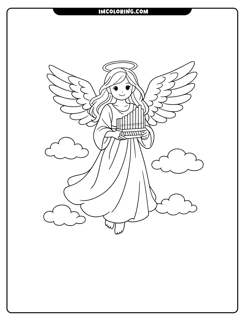 Outline of Divine angel holding a small pipe organ in clouds on a white background