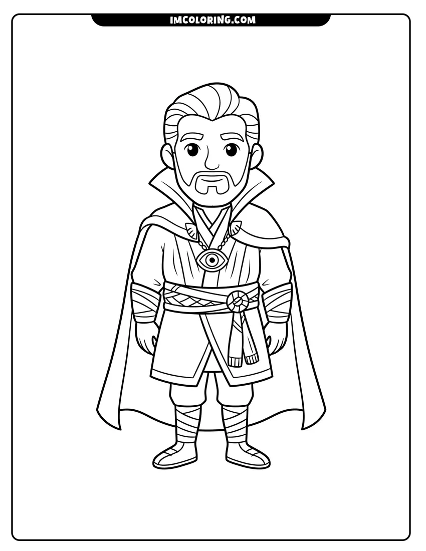 Doctor Strange standing in full sorcerer outfit drawing meant for coloring