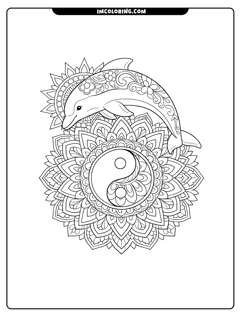 Easy-to-color Dolphin leaping over a yin-yang symbol and sun mandala illustration