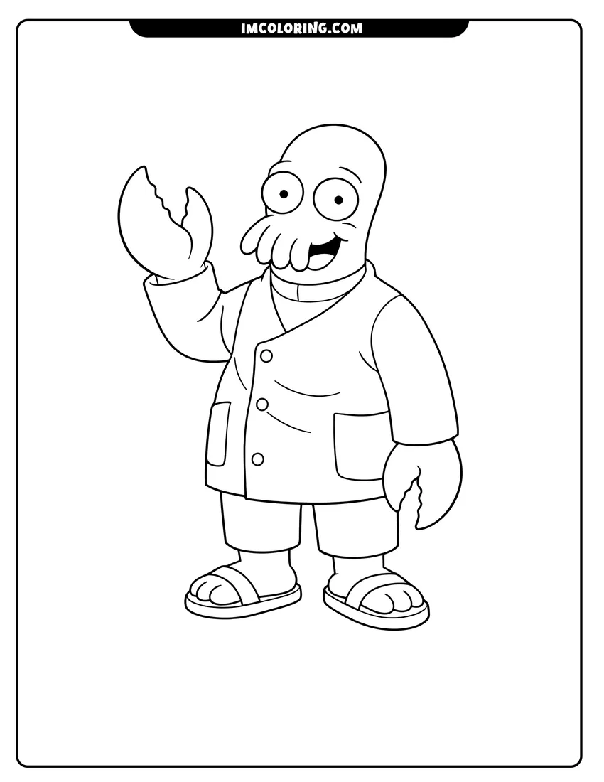 Illustration of Dr. Zoidberg alien waving a claw in a doctor coat ready for painting