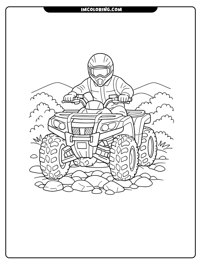 Cute Driver on a massive ATV with knobby tires outline for coloring