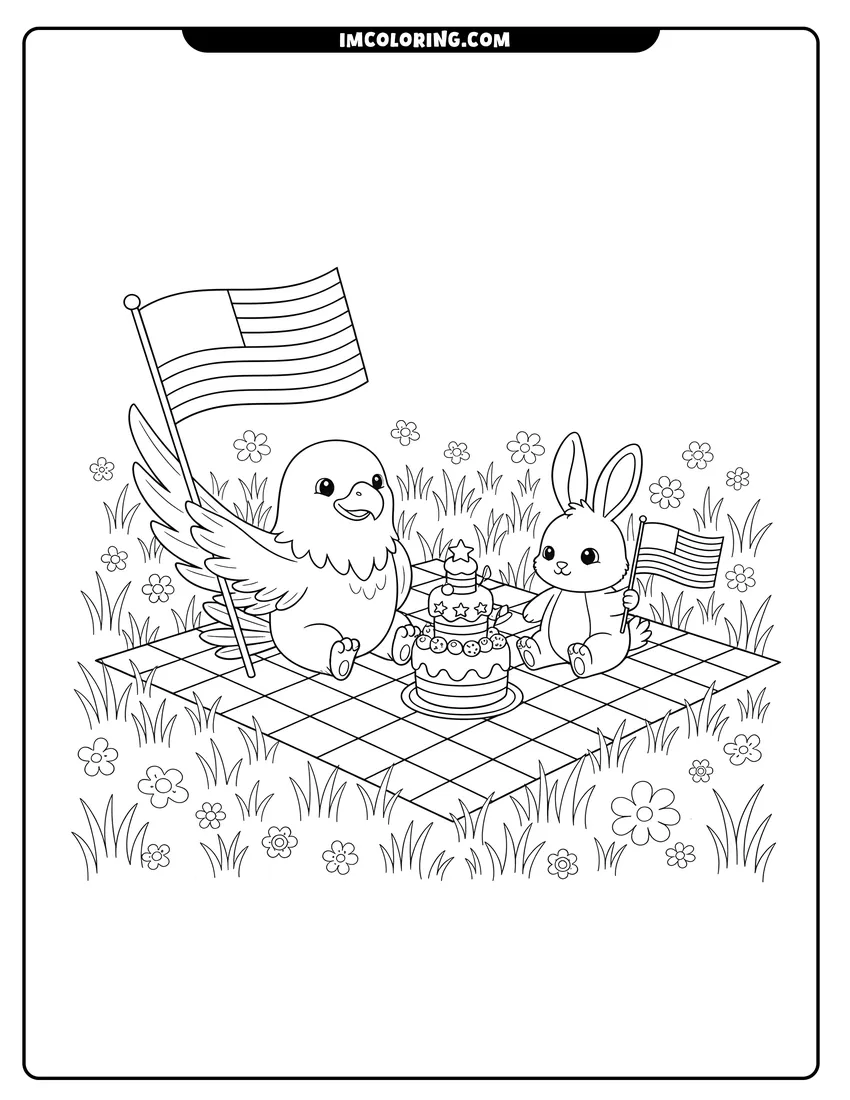 Doodle style coloring picture of Cartoon eagle and rabbit with flags on a picnic blanket