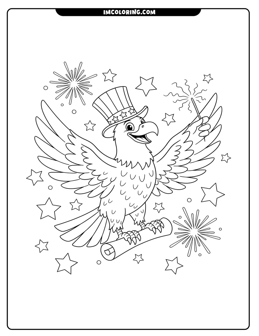 High quality printable Happy bald eagle wearing a patriotic Uncle Sam hat for coloring