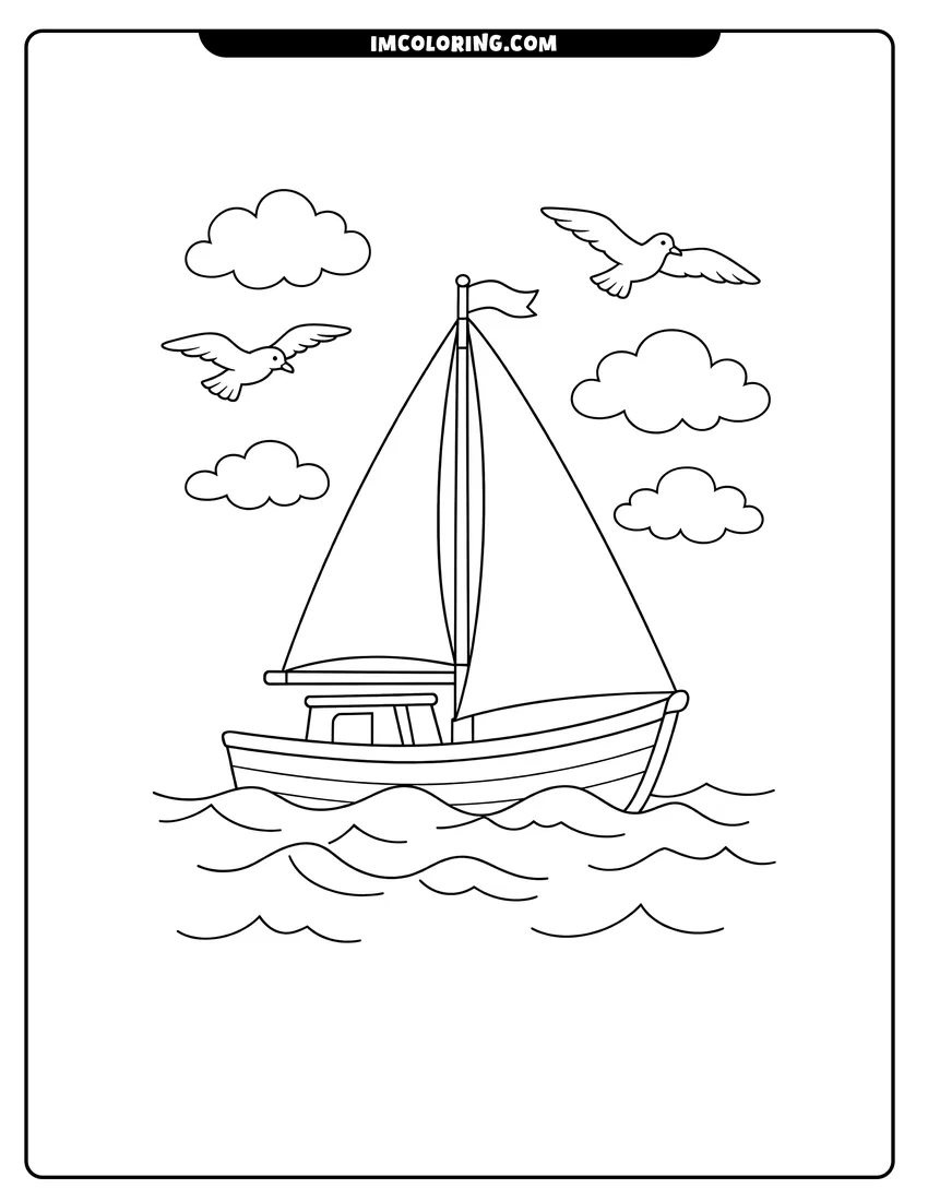 Line art depicting Simple sailboat with a large triangular sail and seagulls