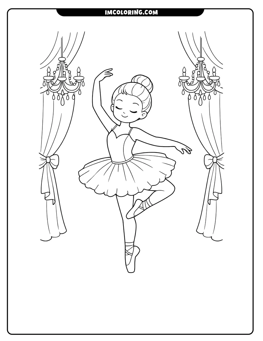 Cute Elegant ballerina posing on stage under chandeliers outline for coloring