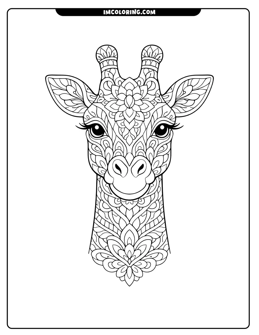 Simple sketch of Symmetrical giraffe head filled with floral and leaf patterns for children