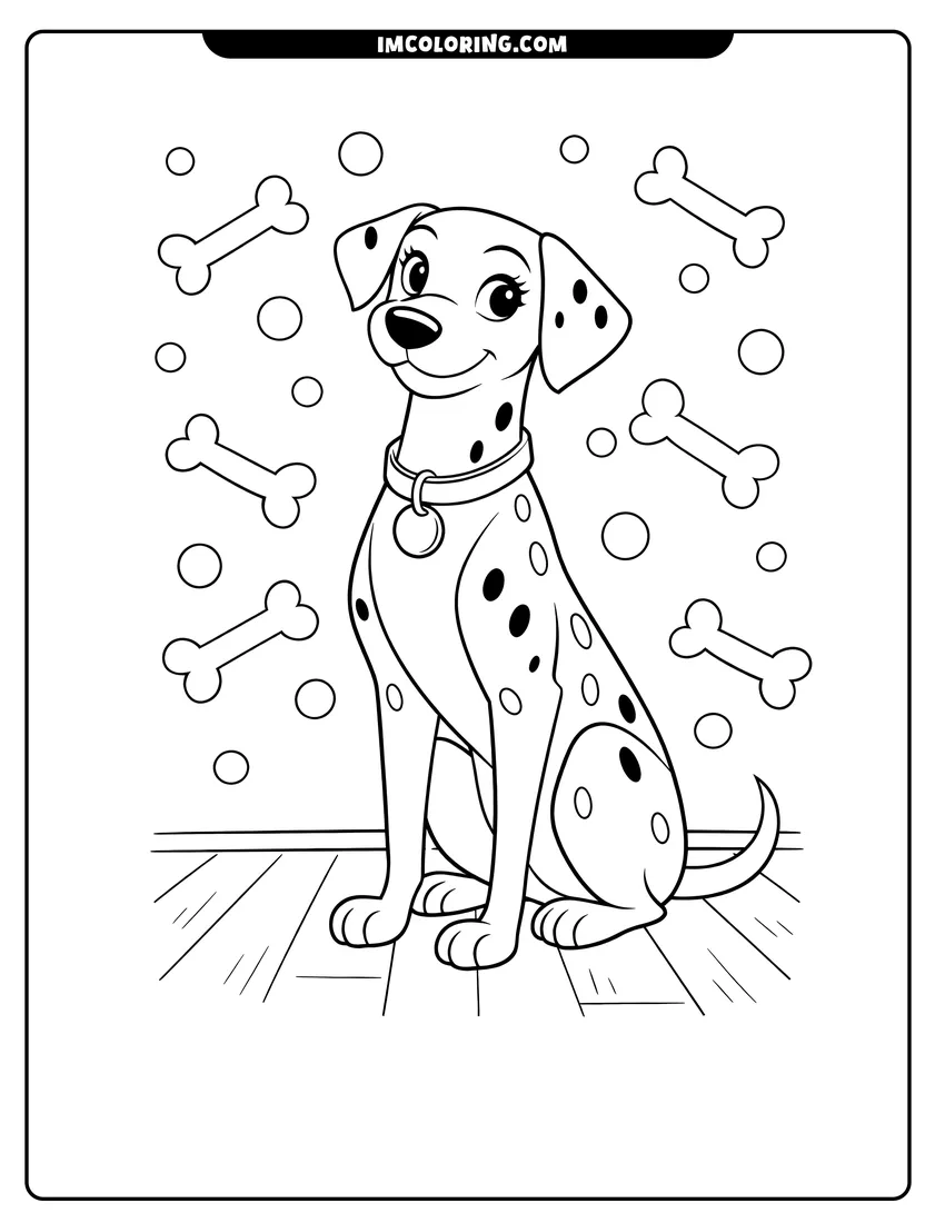 Scene showing Perdita the dalmatian sitting on a wood floor to color