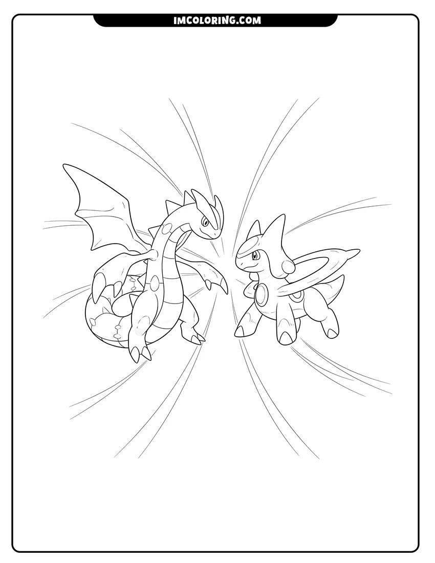 Line art depicting Giratina in Origin Forme fighting with Arceus