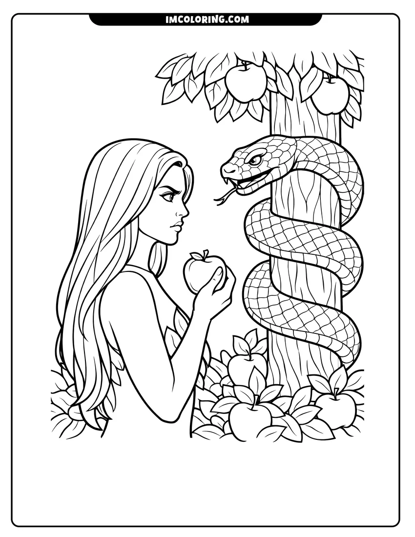 Printable coloring page featuring Eve facing a serpent coiled around a tree
