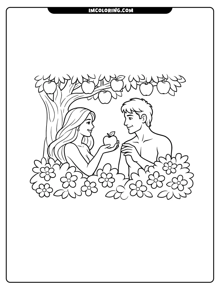 Kawaii style Eve offering fruit to Adam near a tree coloring picture
