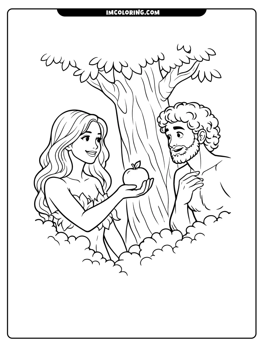 Cute Eve offering an apple to Adam by a tree outline for coloring
