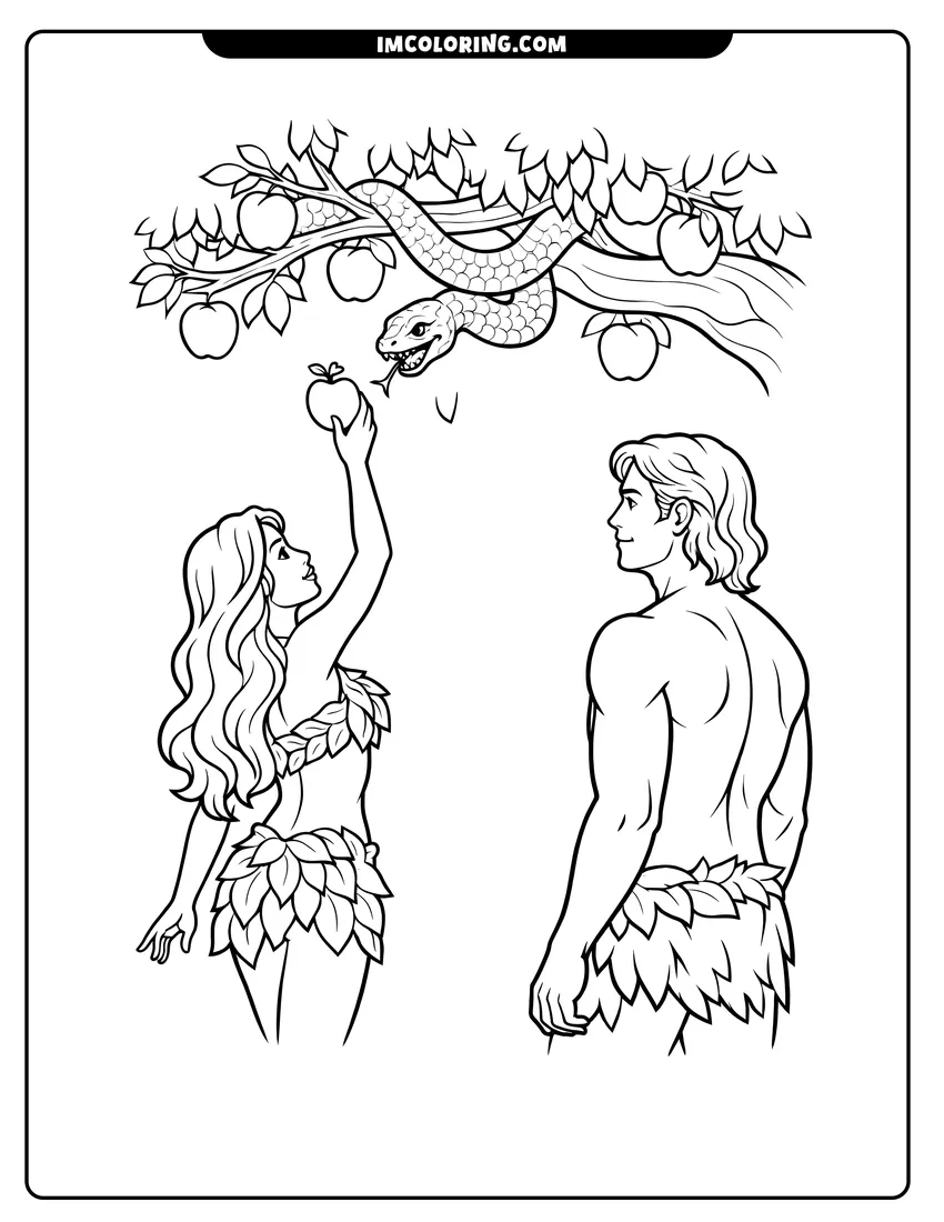 Printable outline of Eve reaching for an apple with a snake nearby