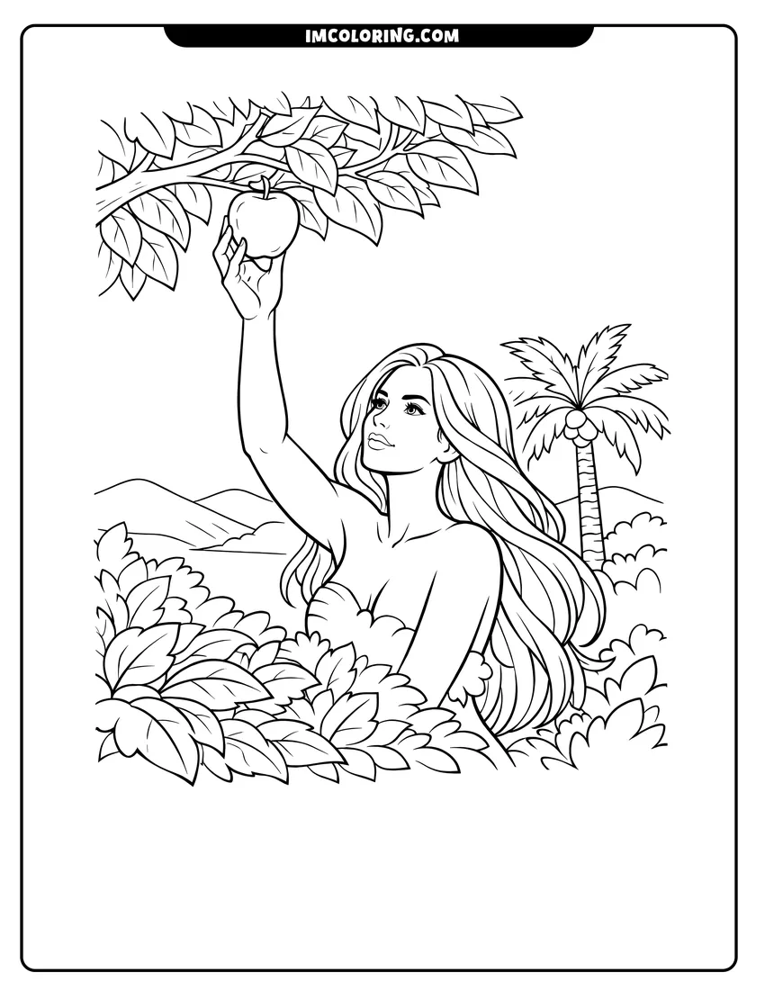 Cute Eve reaching for an apple on a branch outline for coloring
