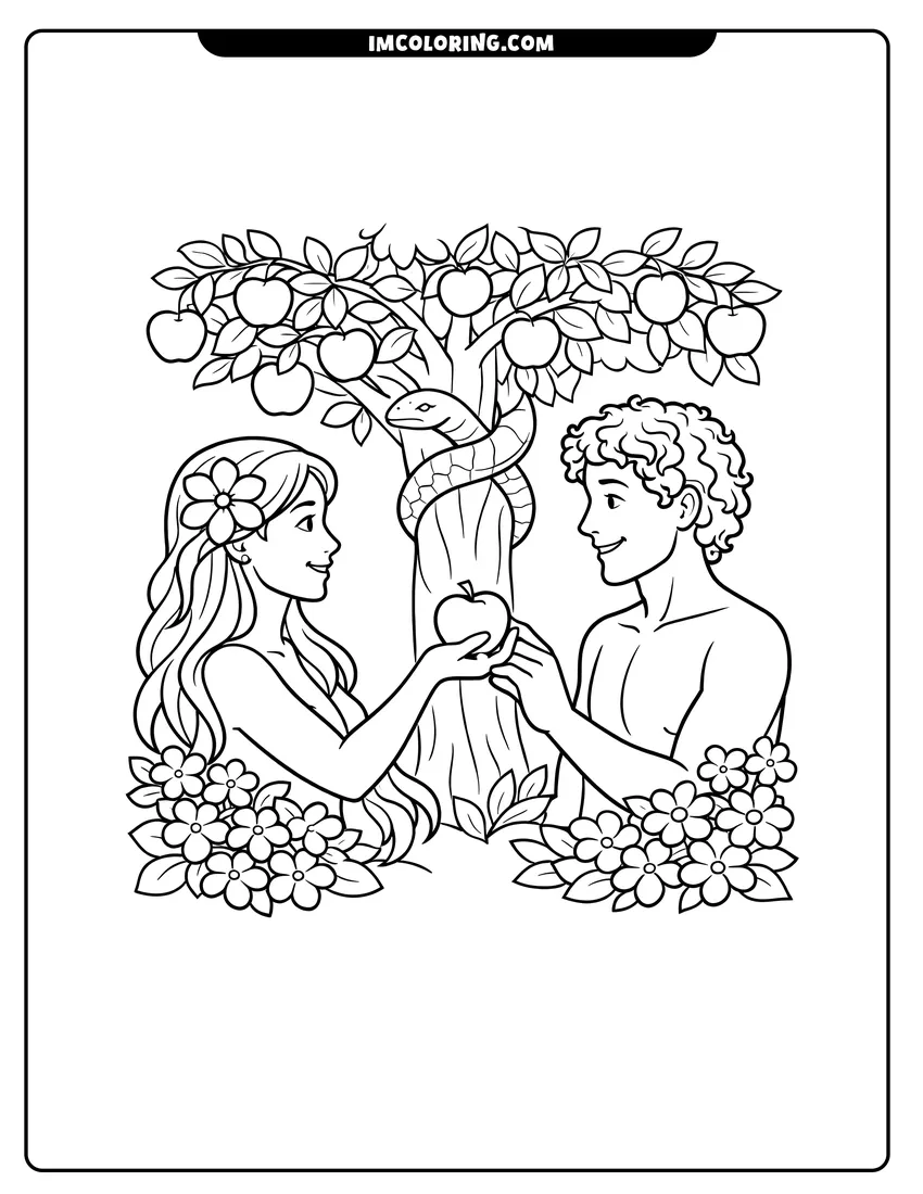 Line art depicting Eve offering an apple to Adam in the garden