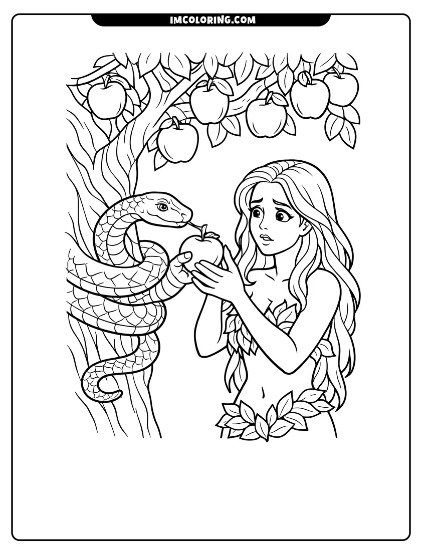 Outline of Eve taking an apple from a coiled snake on a white background