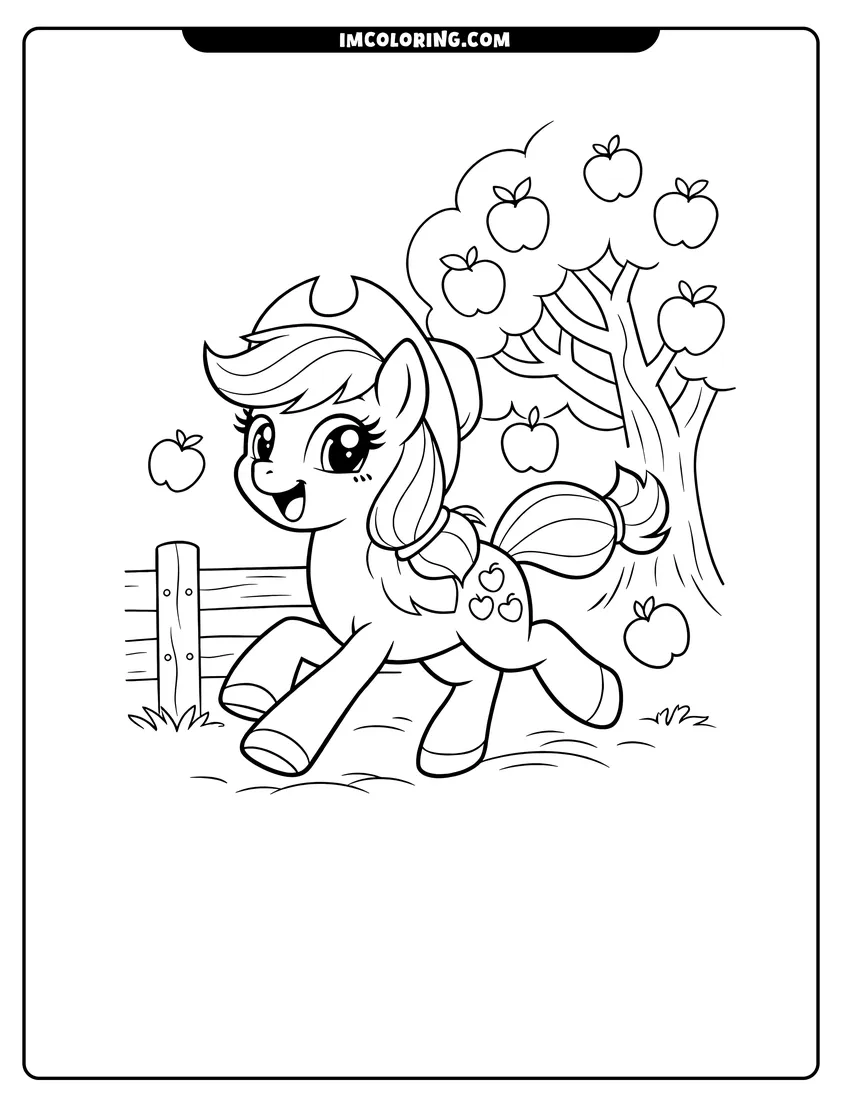 Cute Excited Applejack running past a wooden fence outline for coloring