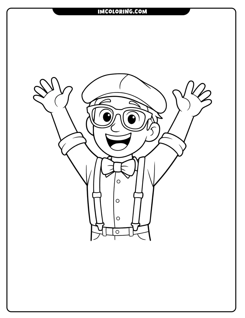 Printable coloring page featuring Blippi Character with arms raised in excitement