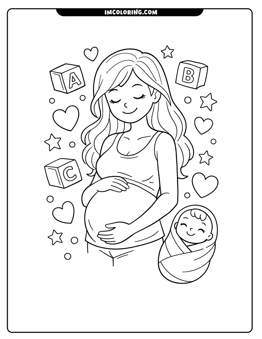 Detailed Smiling pregnant woman cradling her belly and baby design for coloring