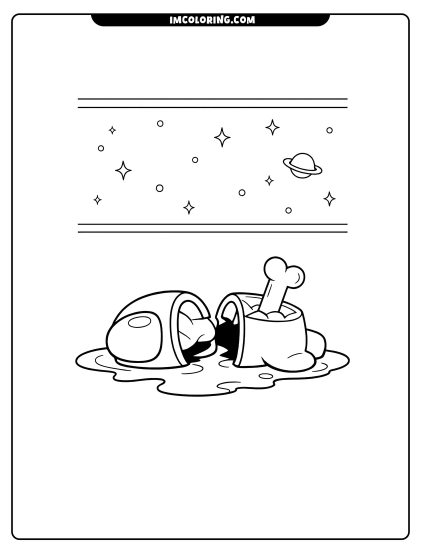 Easy-to-color Fallen Among Us crewmate body in front of window illustration