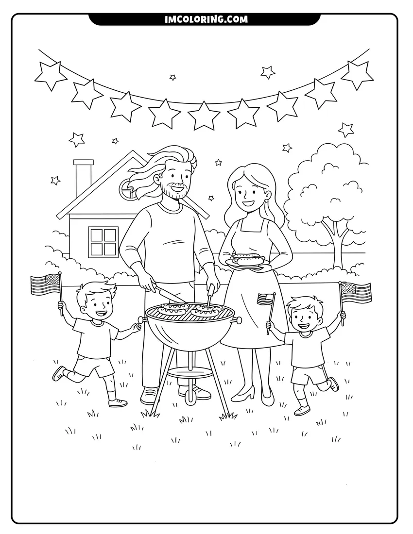 Downloadable coloring page of Family grilling hot dogs while children wave American flags