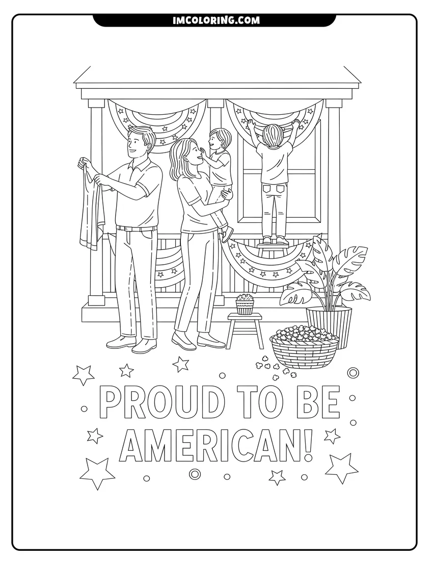 Free to print drawing of Family hanging patriotic banners with popcorn and stars