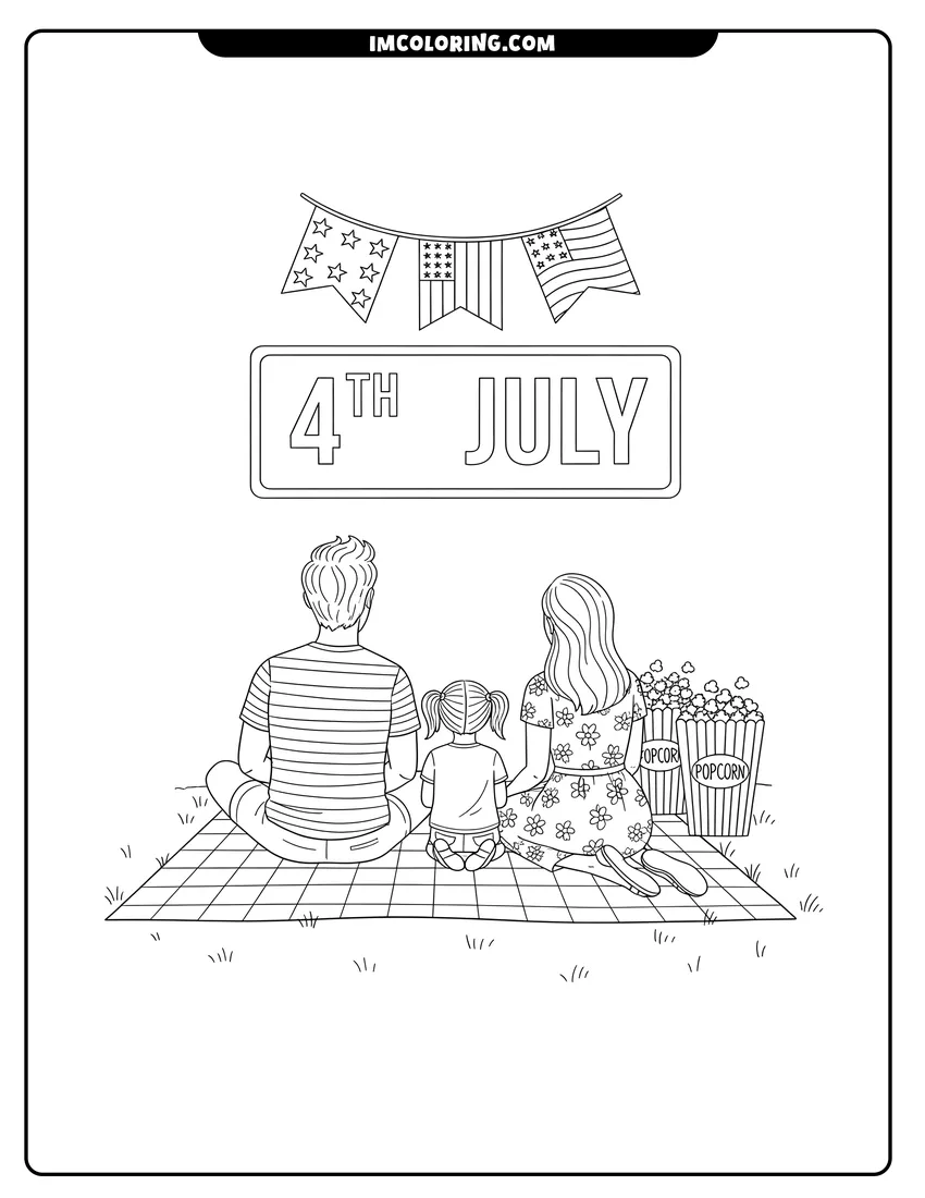 Coloring page of Family picnic under 4th of July banners with popcorn