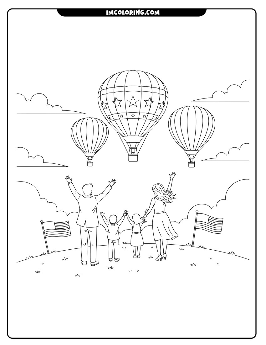 Downloadable coloring page of Family waving at star-patterned hot air balloons and American flags