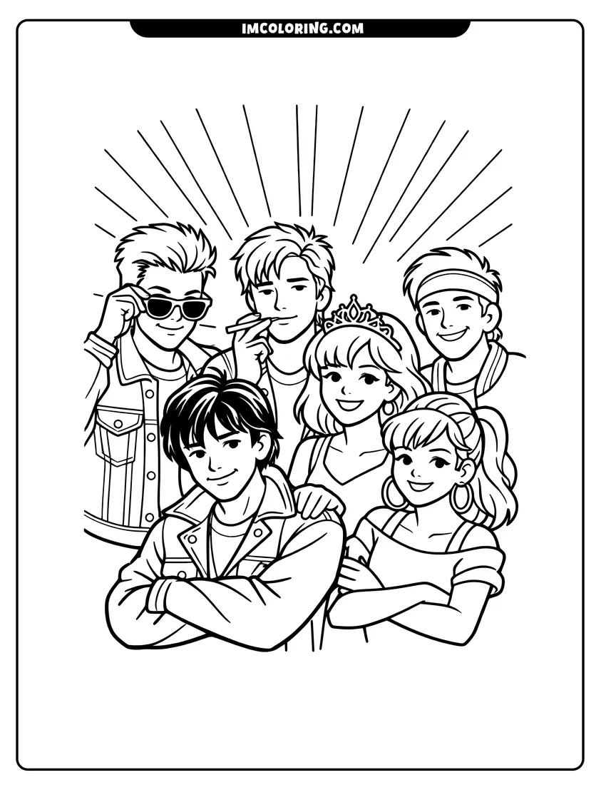 Group of 80S teenagers posing together drawing meant for coloring