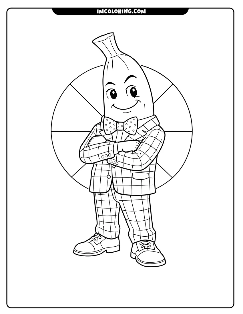 Cute Anthropomorphic banana wearing a suit and bow tie outline for coloring