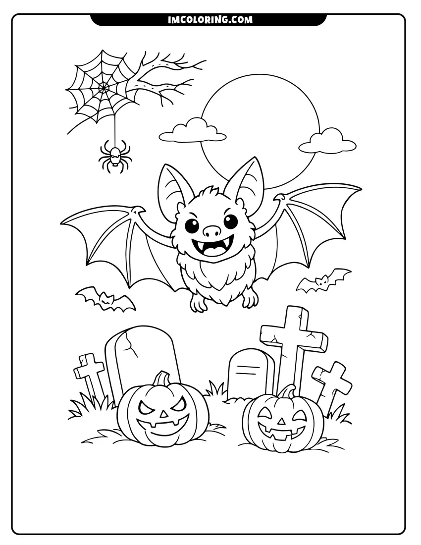 Detailed Large fanged bat flying in a cemetery with pumpkins design for coloring