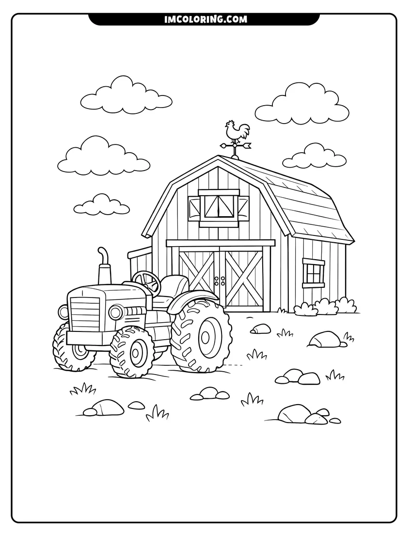 Detailed Farm tractor parked in front of a gambrel barn design for coloring