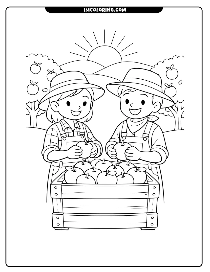 Kawaii style Farmers harvesting Apples into crate coloring picture