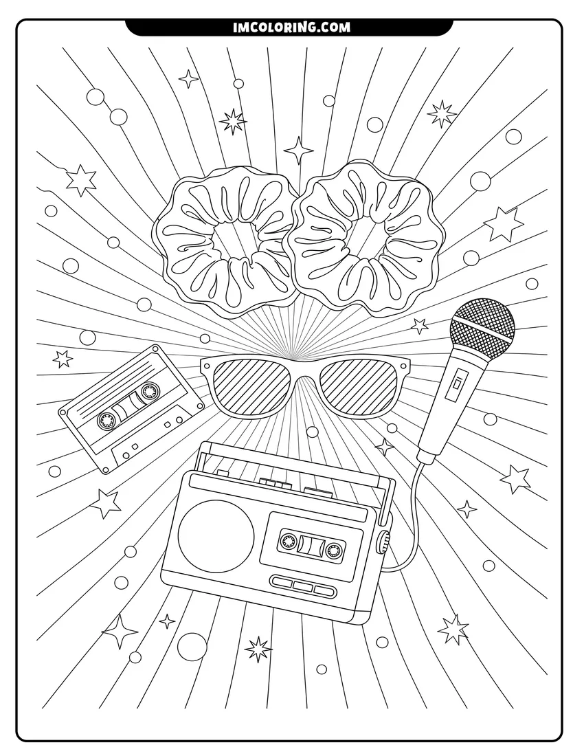 Doodle style coloring picture of Retro cassette player, microphone, scrunchies, and sunglasses among sparkles