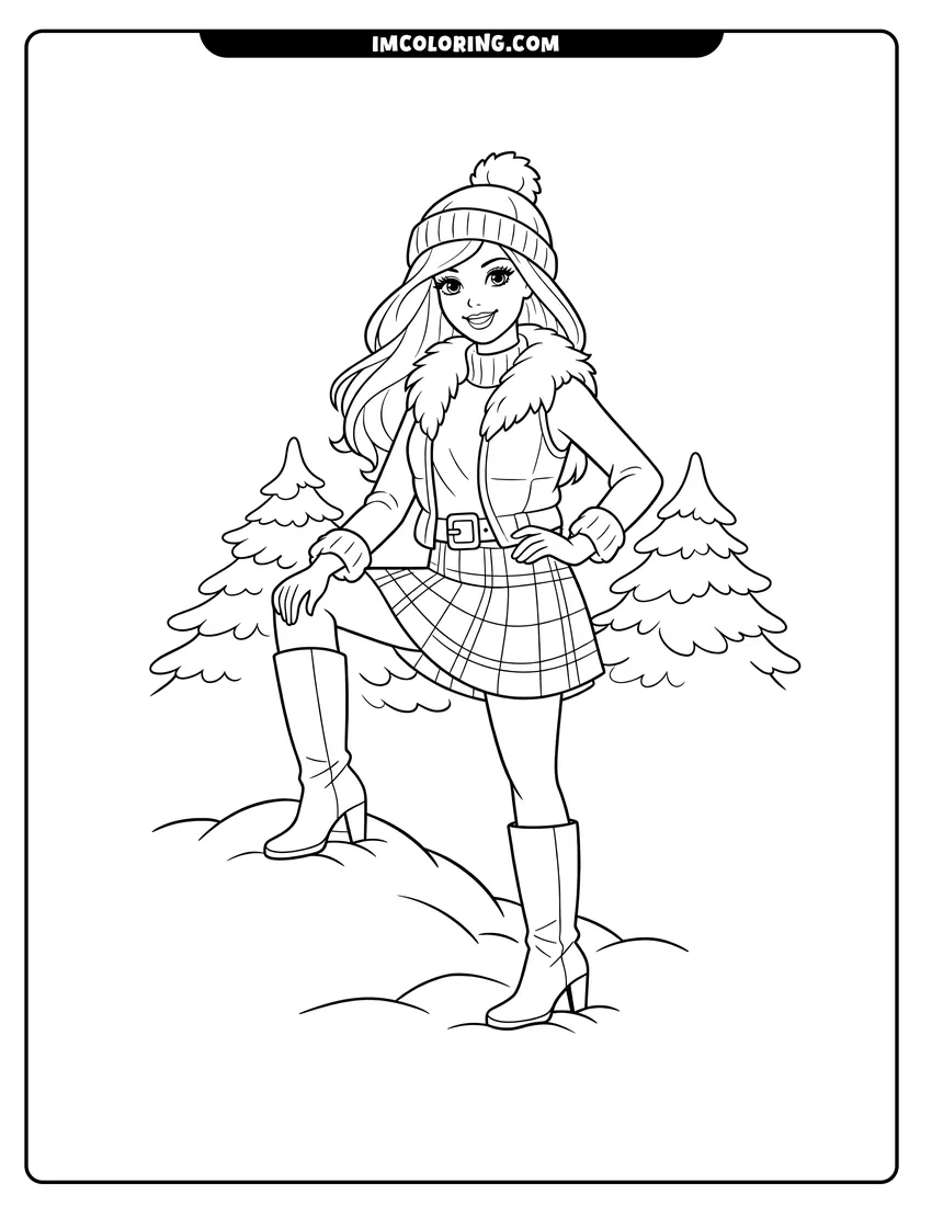 Simple sketch of Barbie posing in a snowy landscape for children
