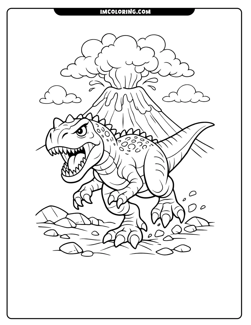 Simple sketch of Allosaurus running in front of a smoking volcano for children