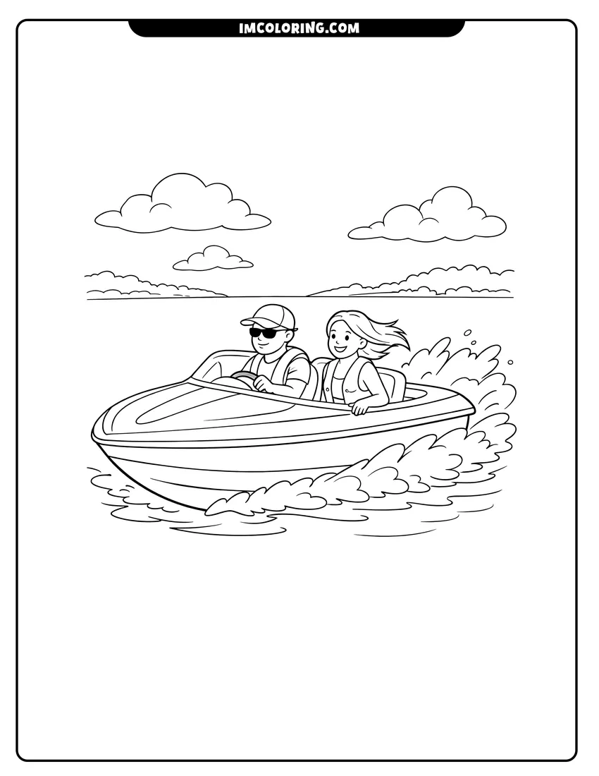 Cute Sleek speedboat with passengers racing across the water outline for coloring