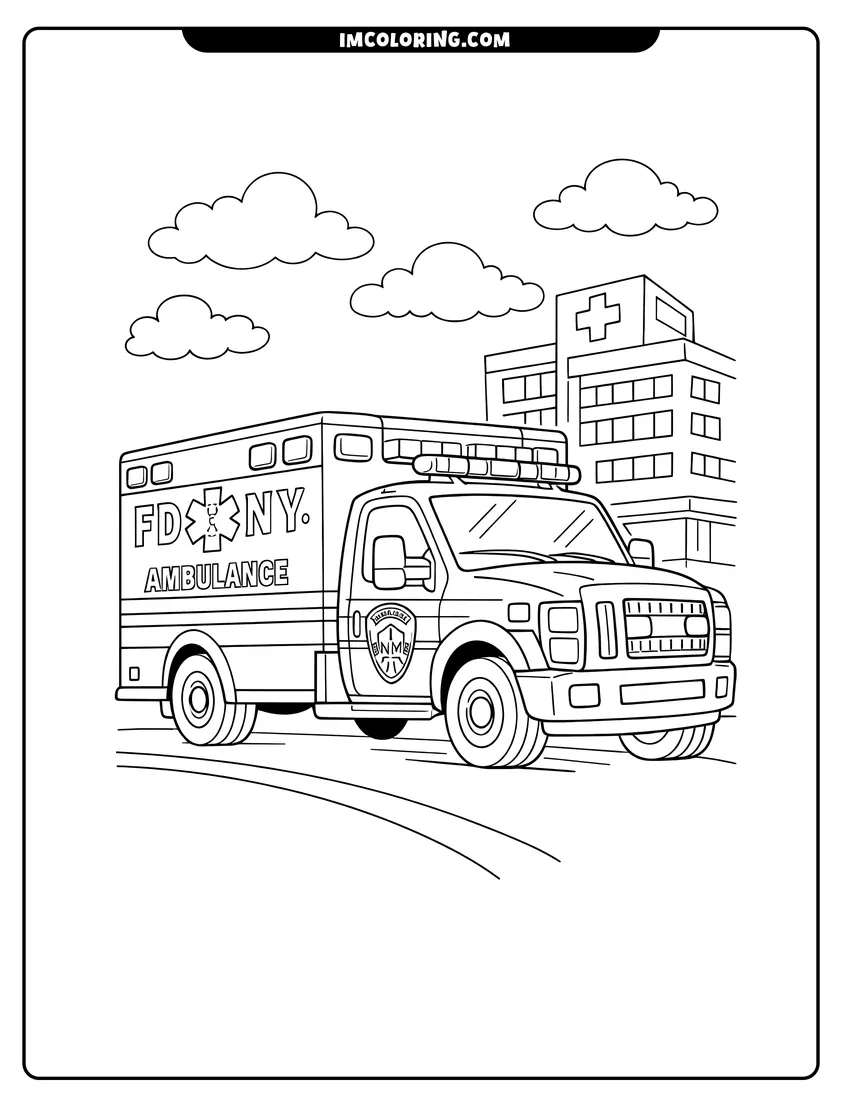 Illustration of FDNY ambulance driving on a road near a hospital ready for painting